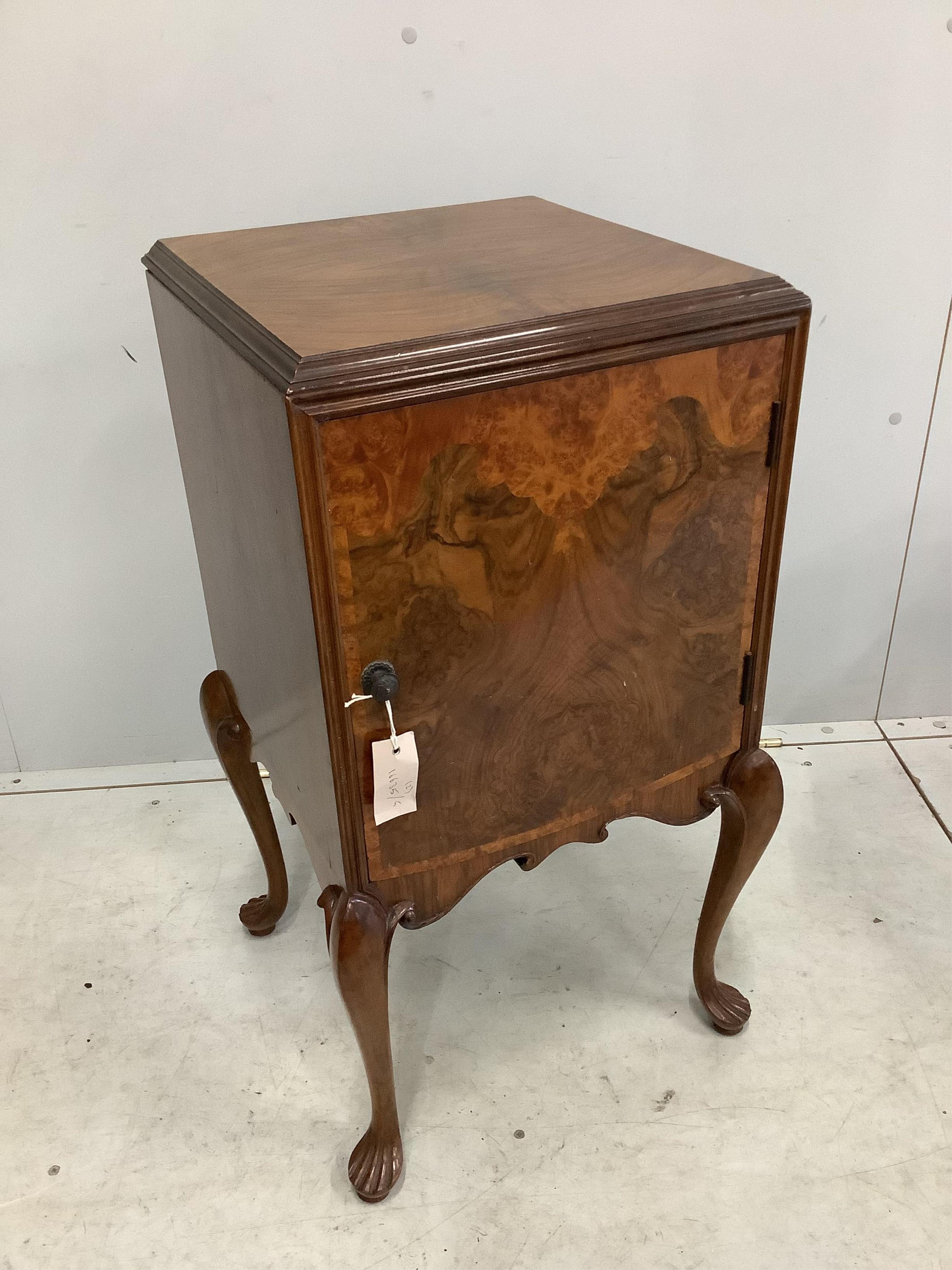 A Queen Anne Revival walnut bedside cabinet and wine table, width 42cm, depth 40cm, height 77cm, together with a Queen Anne Revival walnut wine table. Condition - fair to good